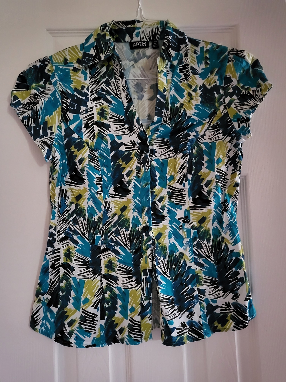 Apt. 9 Teal & Olive Abstract Print Short Sleeve Blouse Petite Small